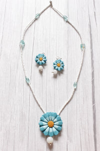Shades of Blue Handcrafted Clay Flower Jewelry with White Beaded Strings Closure