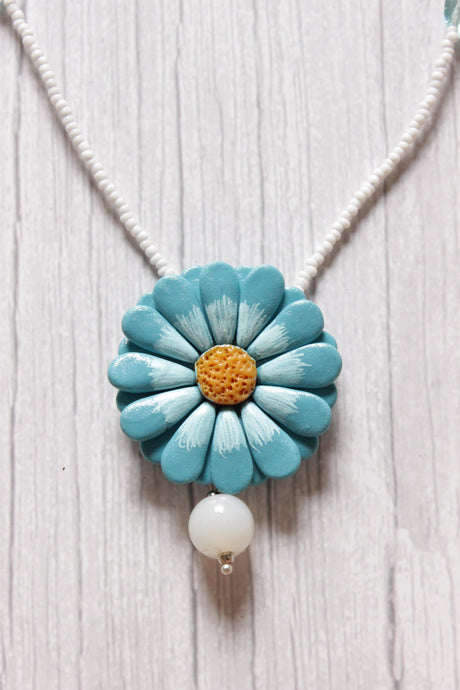 Shades of Blue Handcrafted Clay Flower Jewelry with White Beaded Strings Closure