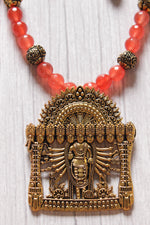 Load image into Gallery viewer, Red Jade Beads Rope Closure Necklace Set with Antique Gold Finish Metal Pendant
