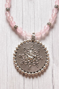 Baby Pink Jade Beads Rope Closure Necklace Set with Silver Finish Ganesha Metal Pendant