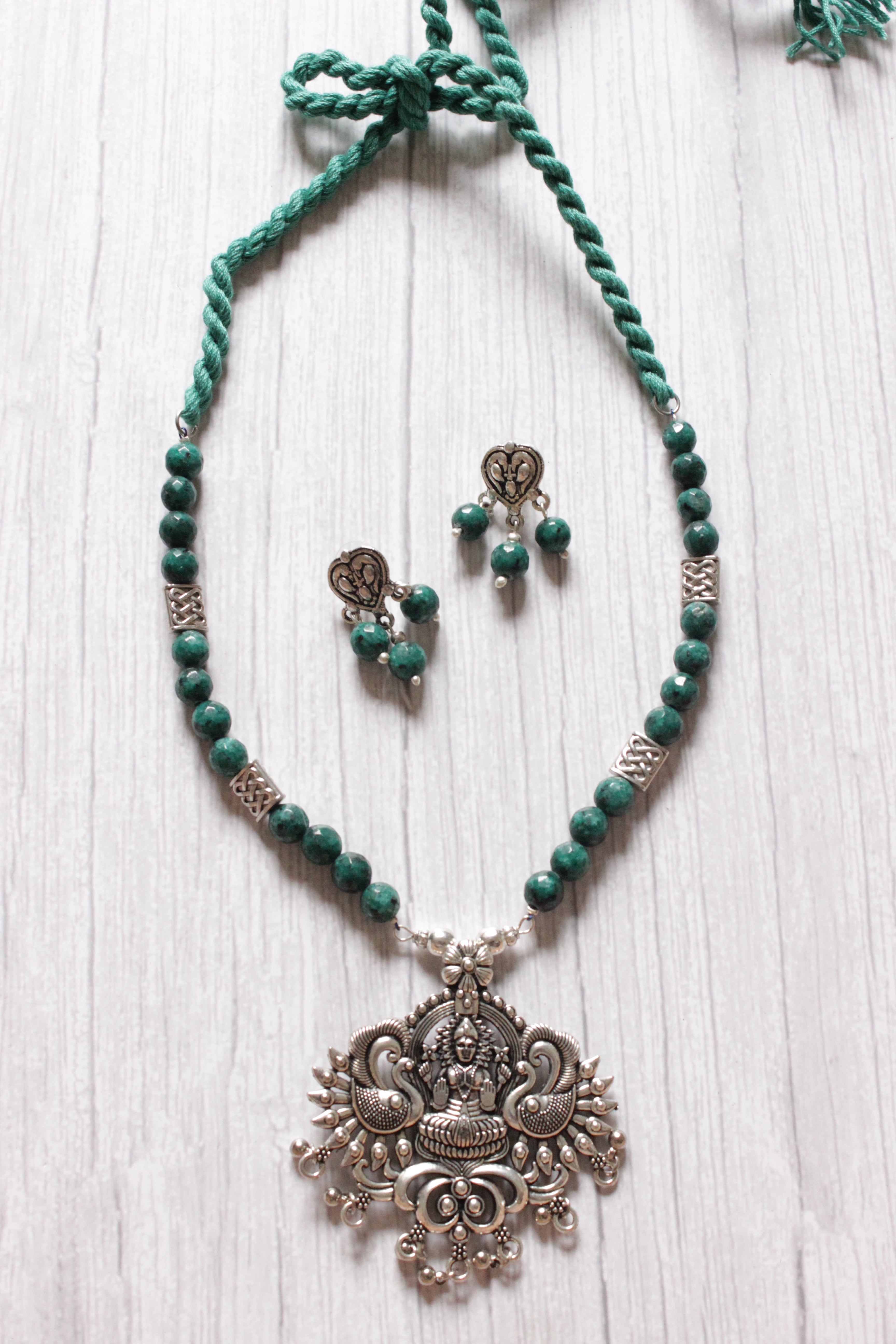 Green Jade Beads Rope Closure Necklace Set with Silver Finish Religious Metal Pendant