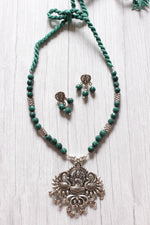 Load image into Gallery viewer, Green Jade Beads Rope Closure Necklace Set with Silver Finish Religious Metal Pendant
