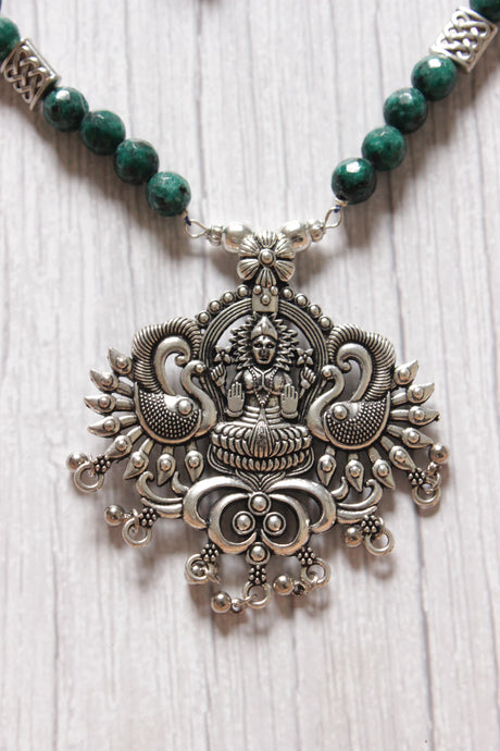Green Jade Beads Rope Closure Necklace Set with Silver Finish Religious Metal Pendant
