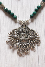 Load image into Gallery viewer, Green Jade Beads Rope Closure Necklace Set with Silver Finish Religious Metal Pendant
