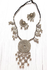 Load image into Gallery viewer, Silver Finish Elaborate Metal Necklace Set with Statement Pendant and Rope Closure
