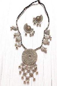 Silver Finish Elaborate Metal Necklace Set with Statement Pendant and Rope Closure