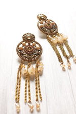 Load image into Gallery viewer, Gold-Toned Peach Antique Beaded Handcrafted Circular Drop Tassel Earrings
