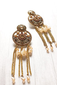 Gold-Toned Peach Antique Beaded Handcrafted Circular Drop Tassel Earrings