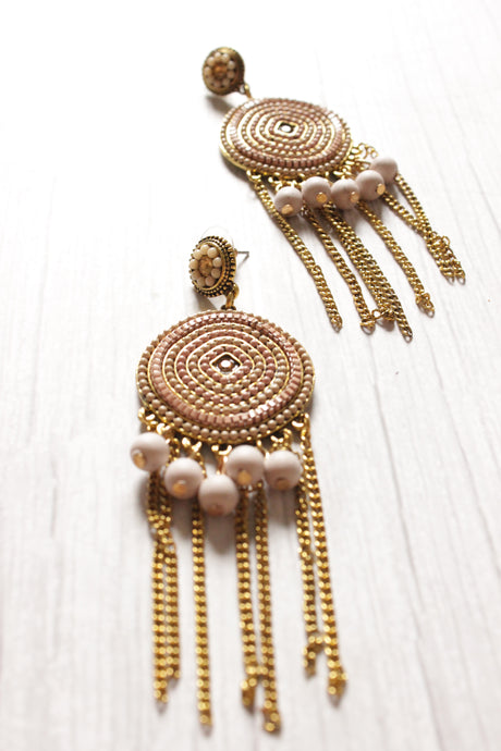 Peach Antique Beaded Handcrafted Circular Drop Tassel Earrings