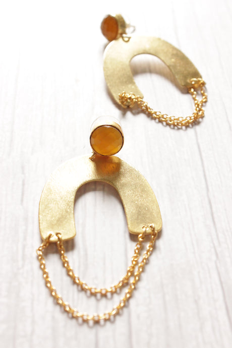 Orange Natural Stone Embedded Horse Shoe Brass Dangler Earrings