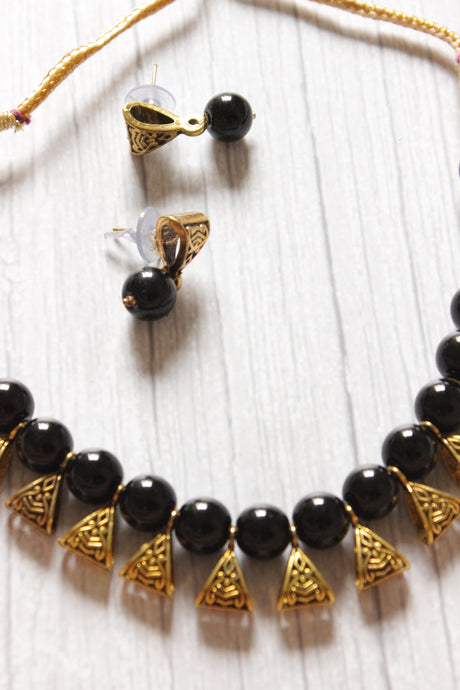 Gold-Toned Black Glass Beads Choker Necklace Set