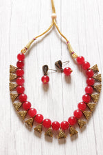 Load image into Gallery viewer, Gold-Toned Red Glass Beads Choker Necklace Set
