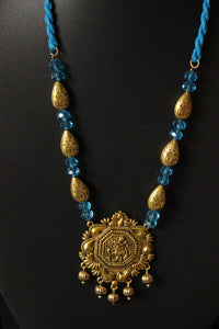 Turquoise Jade Beads Rope Closure Antique Gold Finish Pendant Necklace Set