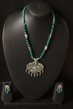 Load image into Gallery viewer, Green Jade Beads Rope Closure Necklace Set with Silver Finish Religious Metal Pendant
