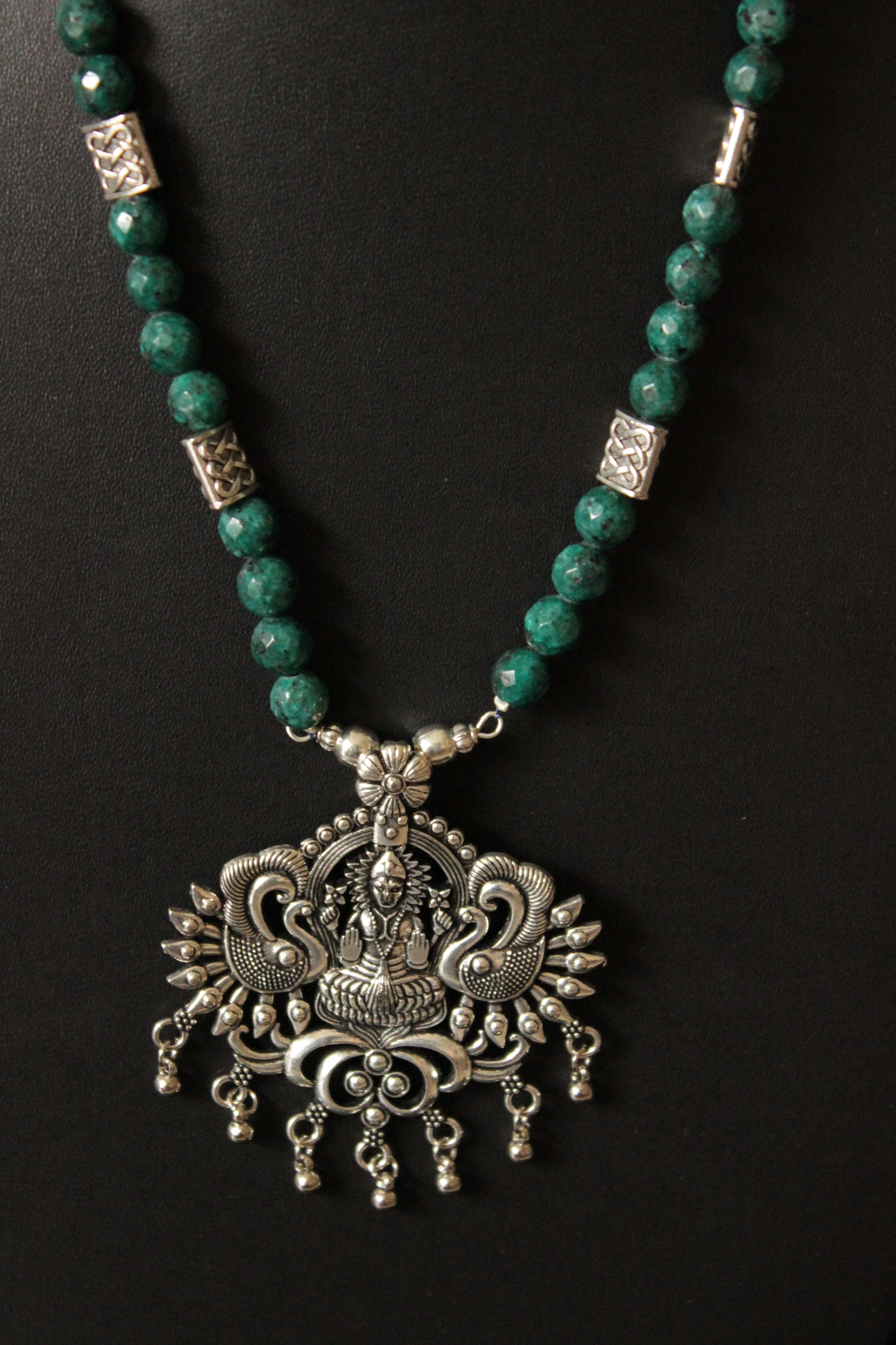 Green Jade Beads Rope Closure Necklace Set with Silver Finish Religious Metal Pendant