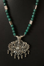 Load image into Gallery viewer, Green Jade Beads Rope Closure Necklace Set with Silver Finish Religious Metal Pendant
