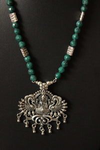 Green Jade Beads Rope Closure Necklace Set with Silver Finish Religious Metal Pendant