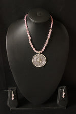 Load image into Gallery viewer, Baby Pink Jade Beads Rope Closure Necklace Set with Silver Finish Ganesha Metal Pendant
