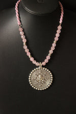 Load image into Gallery viewer, Baby Pink Jade Beads Rope Closure Necklace Set with Silver Finish Ganesha Metal Pendant
