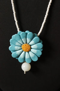 Shades of Blue Handcrafted Clay Flower Jewelry with White Beaded Strings Closure