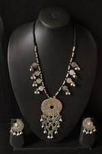 Load image into Gallery viewer, Silver Finish Elaborate Metal Necklace Set with Statement Pendant and Rope Closure
