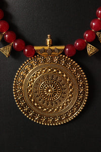 Gold-Toned Red Glass Beads Necklace Set with Statement Pendant