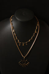 2 Layered Star Charms and Eye Motif Gold Plated Chain Necklace