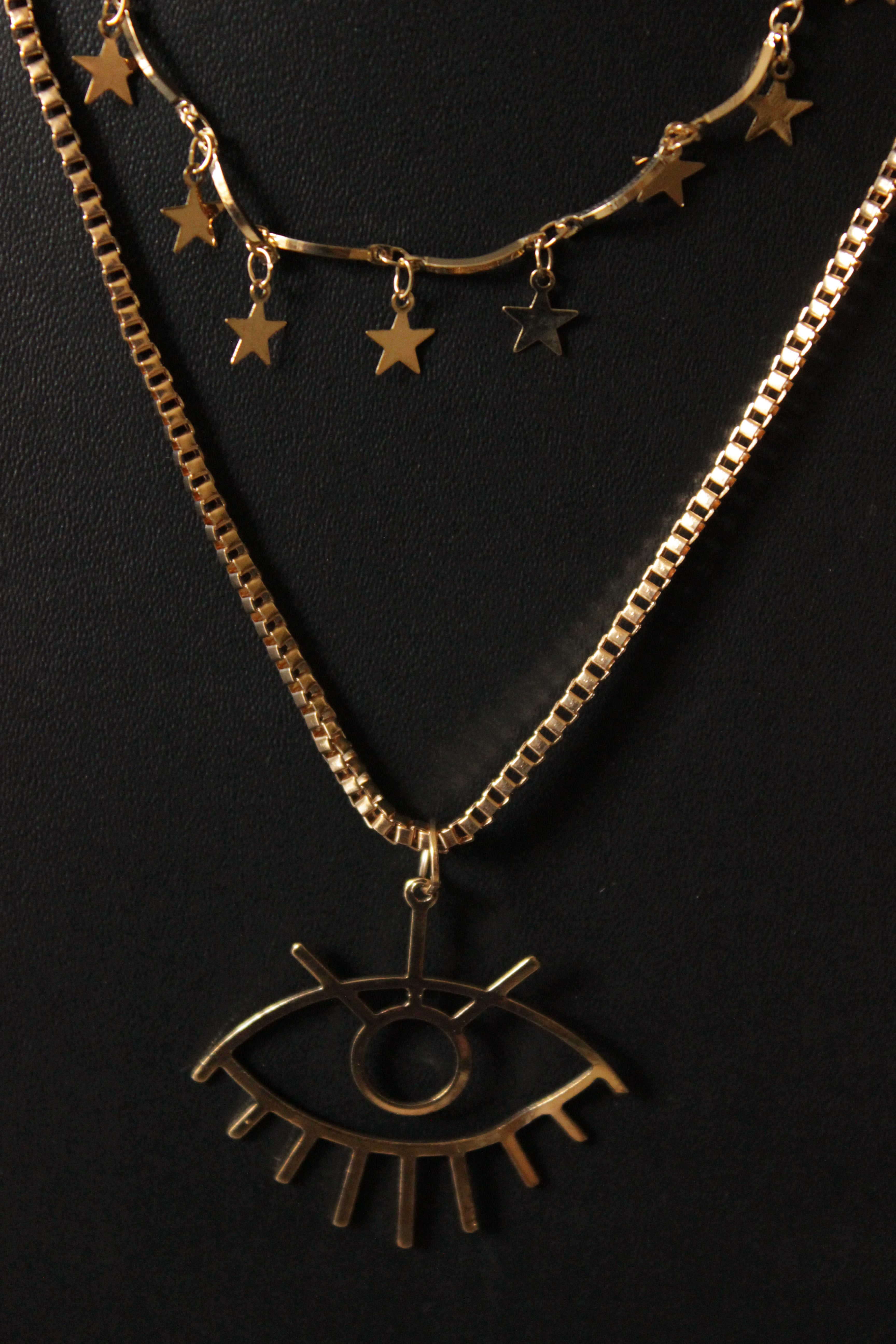2 Layered Star Charms and Eye Motif Gold Plated Chain Necklace
