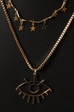 Load image into Gallery viewer, 2 Layered Star Charms and Eye Motif Gold Plated Chain Necklace
