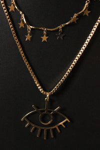 2 Layered Star Charms and Eye Motif Gold Plated Chain Necklace