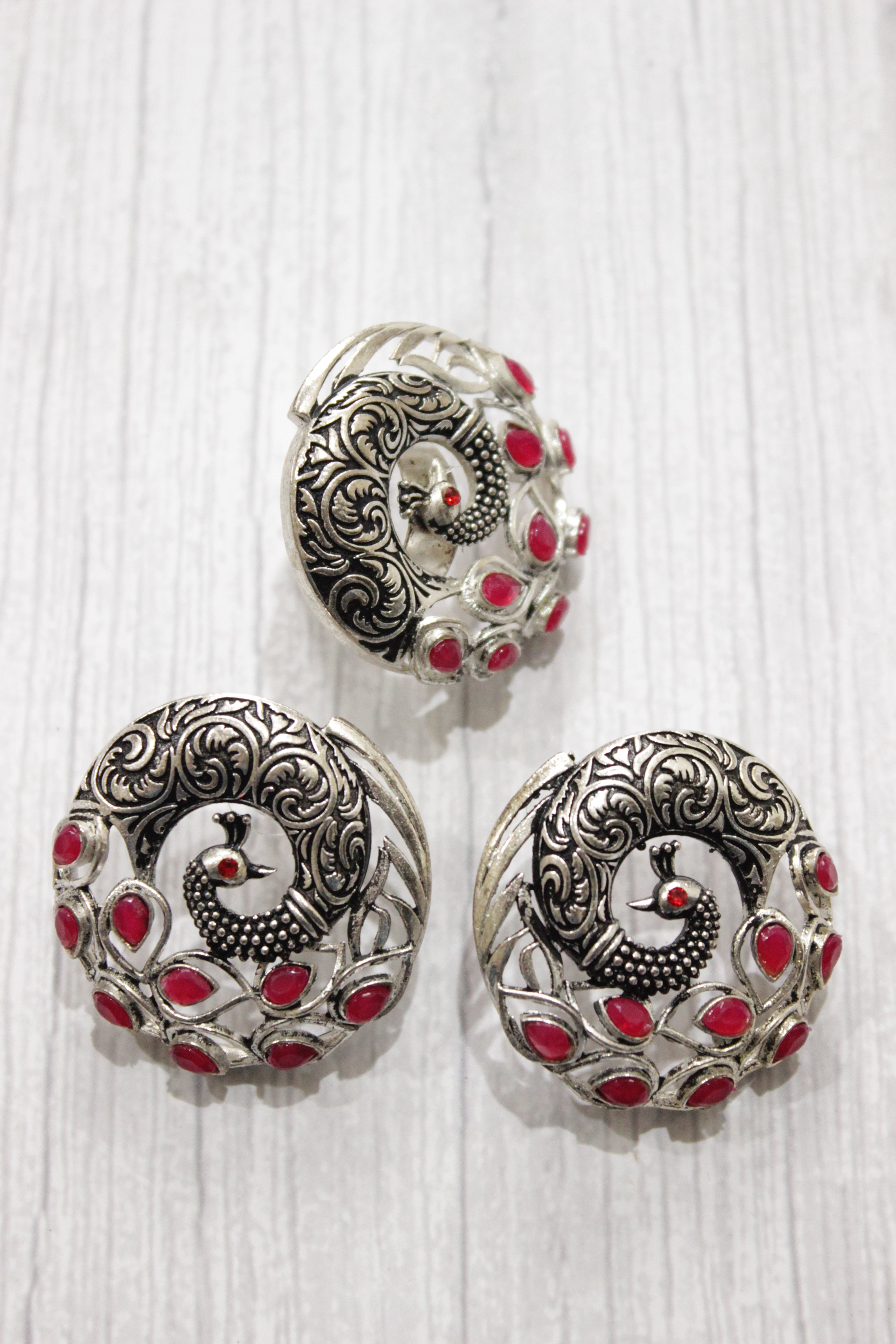 Set of 3 - Peacock Motif Red Glass Stones Embedded Stud Earrings and Pendant