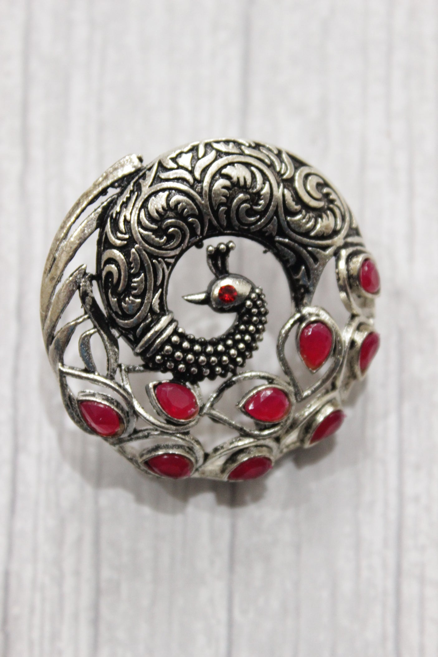 Set of 3 - Peacock Motif Red Glass Stones Embedded Stud Earrings and Pendant