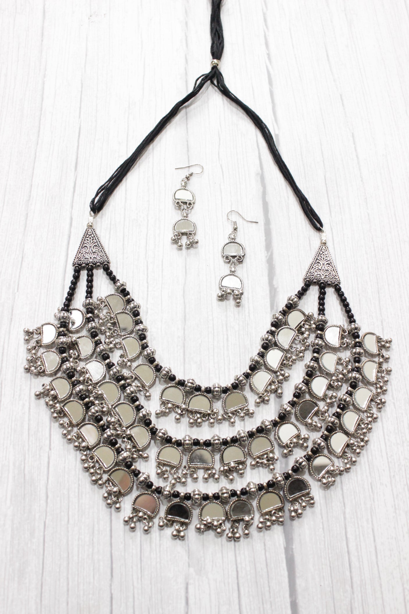 3 Layer Mirror Work Choker Necklace Set with Braided Black Beads