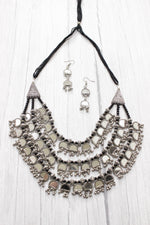Load image into Gallery viewer, 3 Layer Mirror Work Choker Necklace Set with Braided Black Beads
