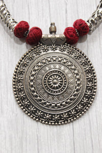 Hasli Style Thread Closure Choker Necklace Set with Statement Circular Metal Pendant