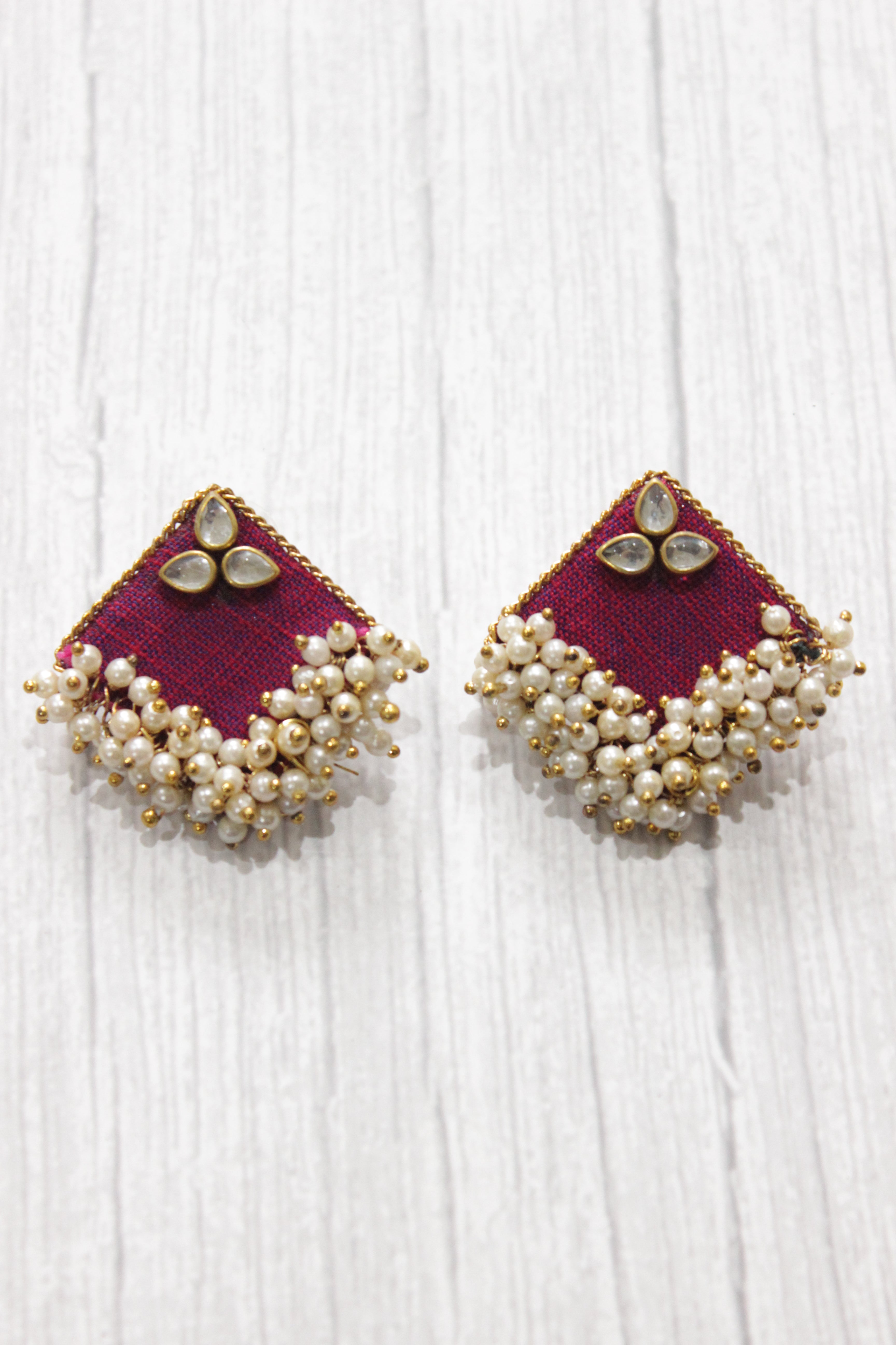 Ethnic Fuchsia Fabric Earrings Accentuated with Festive White Beads and Mirrors