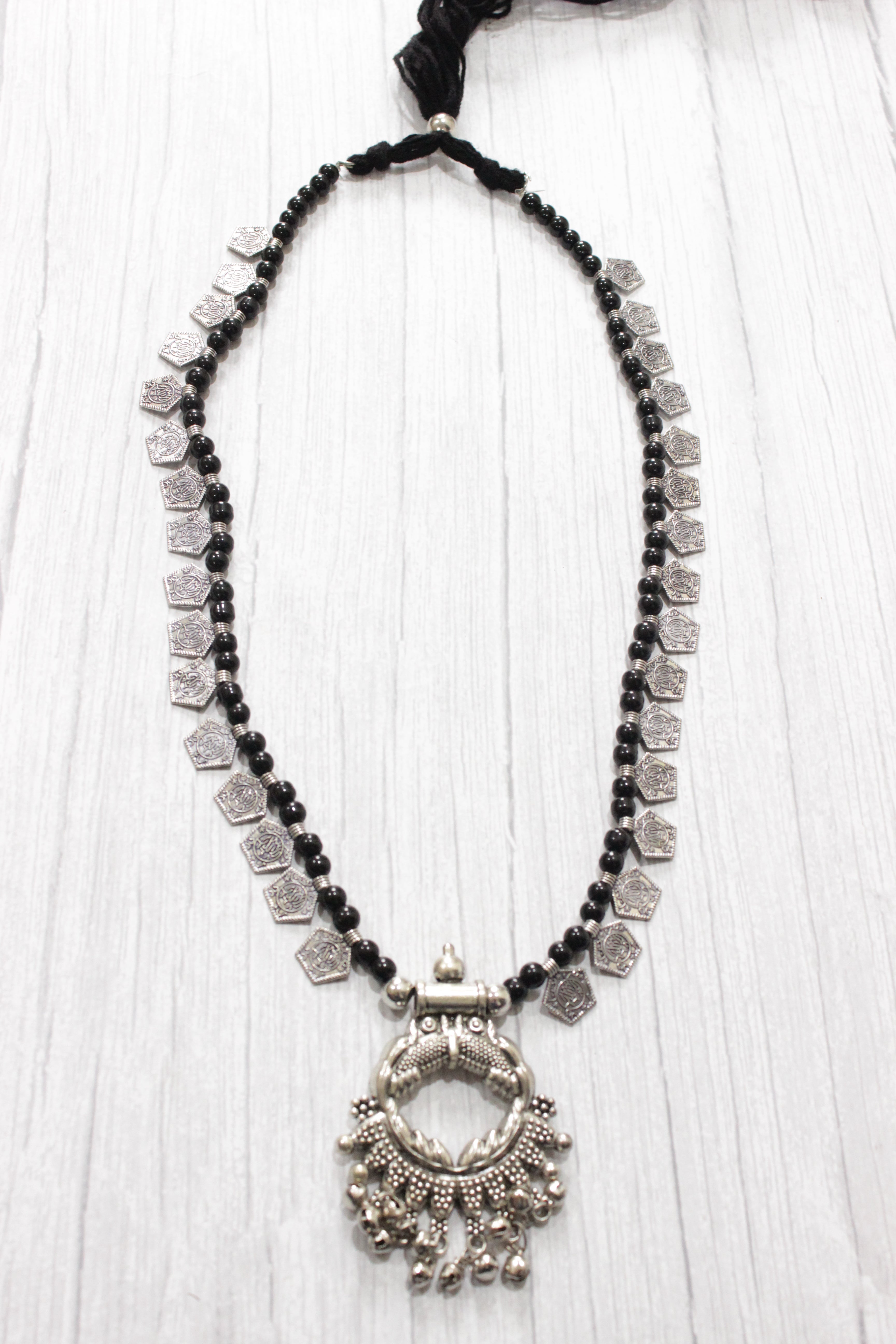 Braided Black Beads and Metal Charms Long Necklace Set
