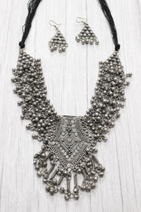 Ghungroo Embellished Oxidised Finish Elaborate Necklace with Adjustable Thread Closure