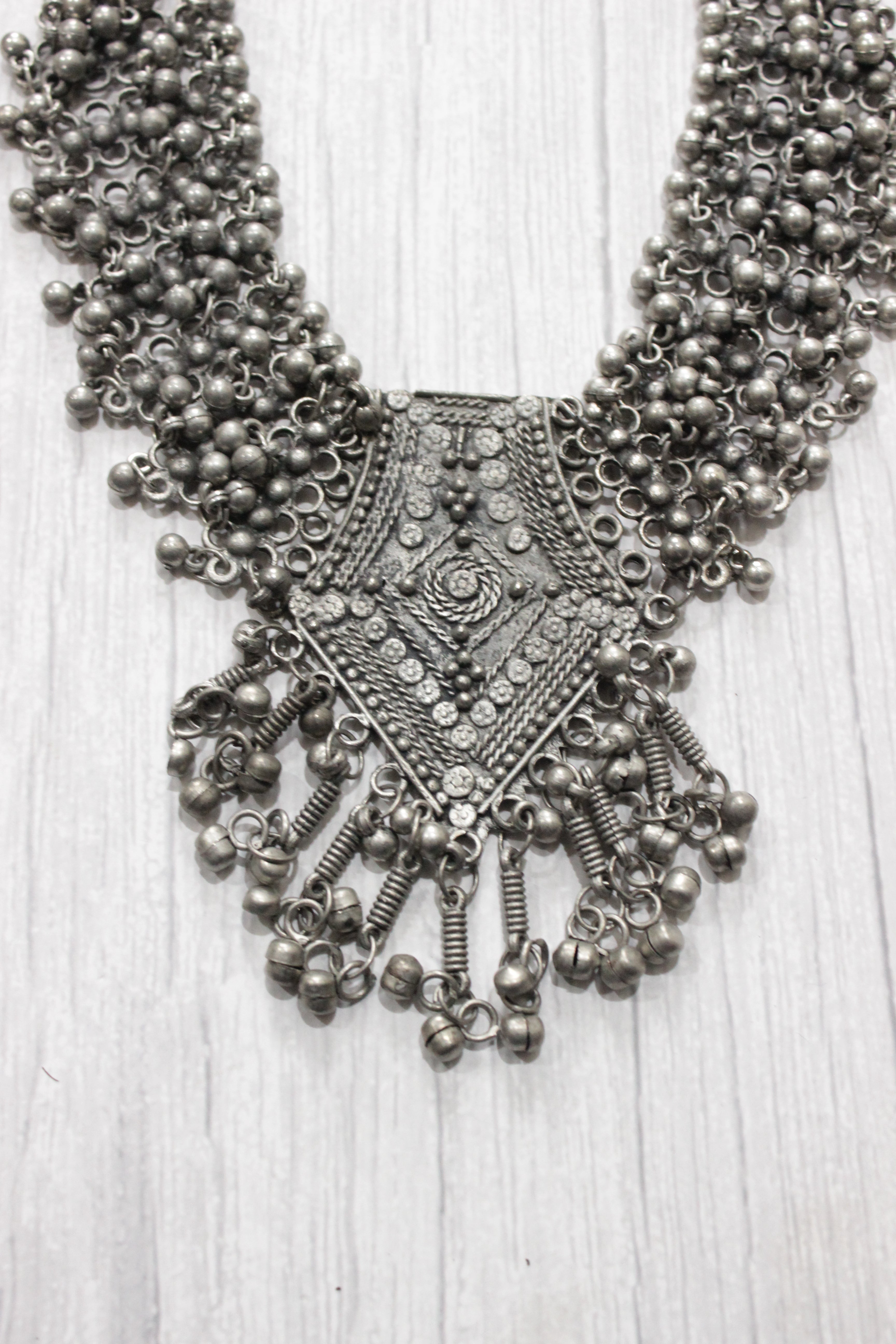 Ghungroo Embellished Oxidised Finish Elaborate Necklace with Adjustable Thread Closure