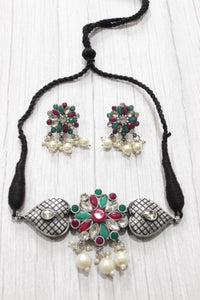 Flower & Heart Motifs Rhinestones Embedded Choker Necklace Set