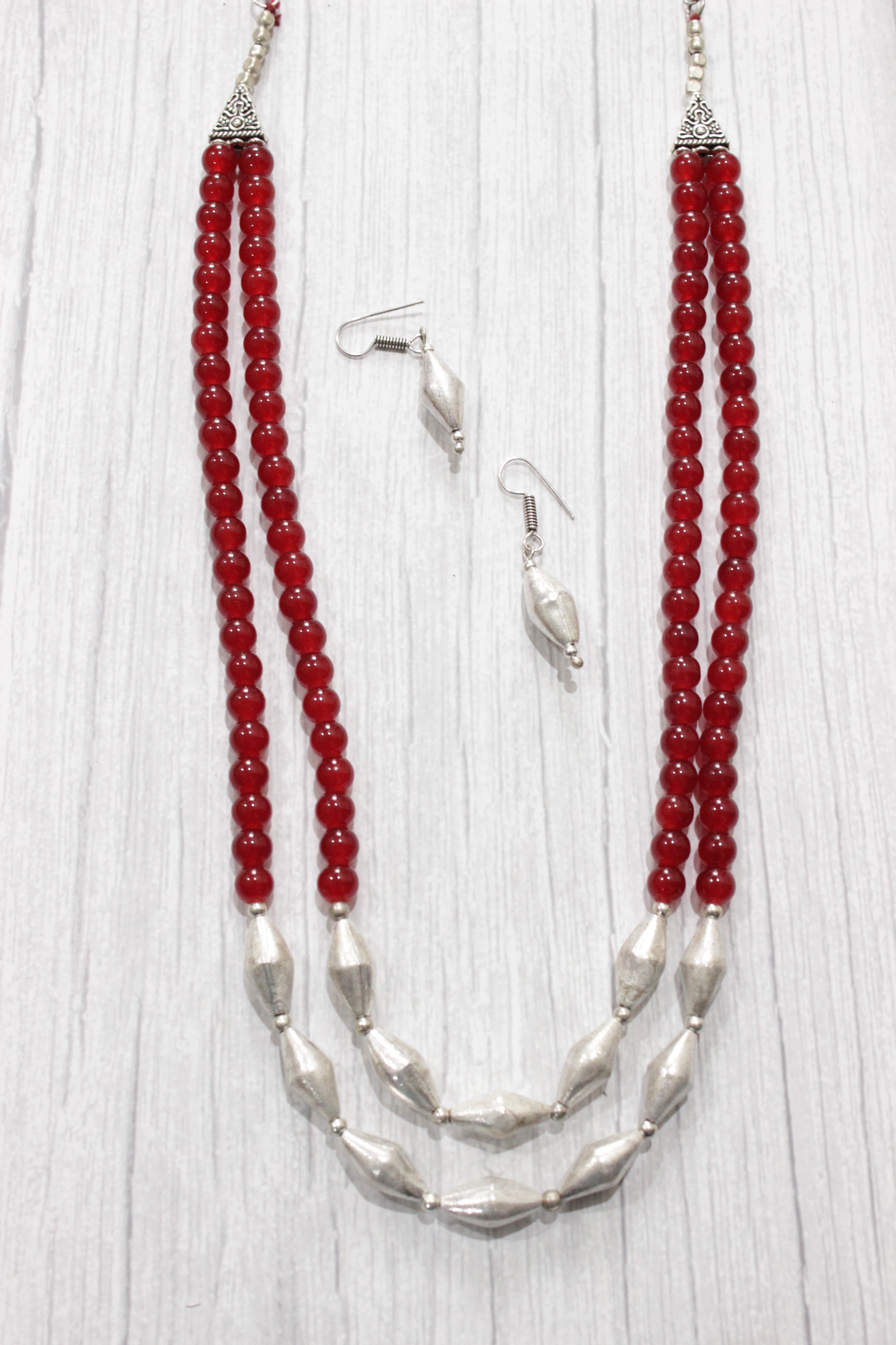 Red Glass Beads and Dholki Beads Long Necklace Set