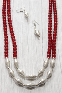 Red Glass Beads and Dholki Beads Long Necklace Set
