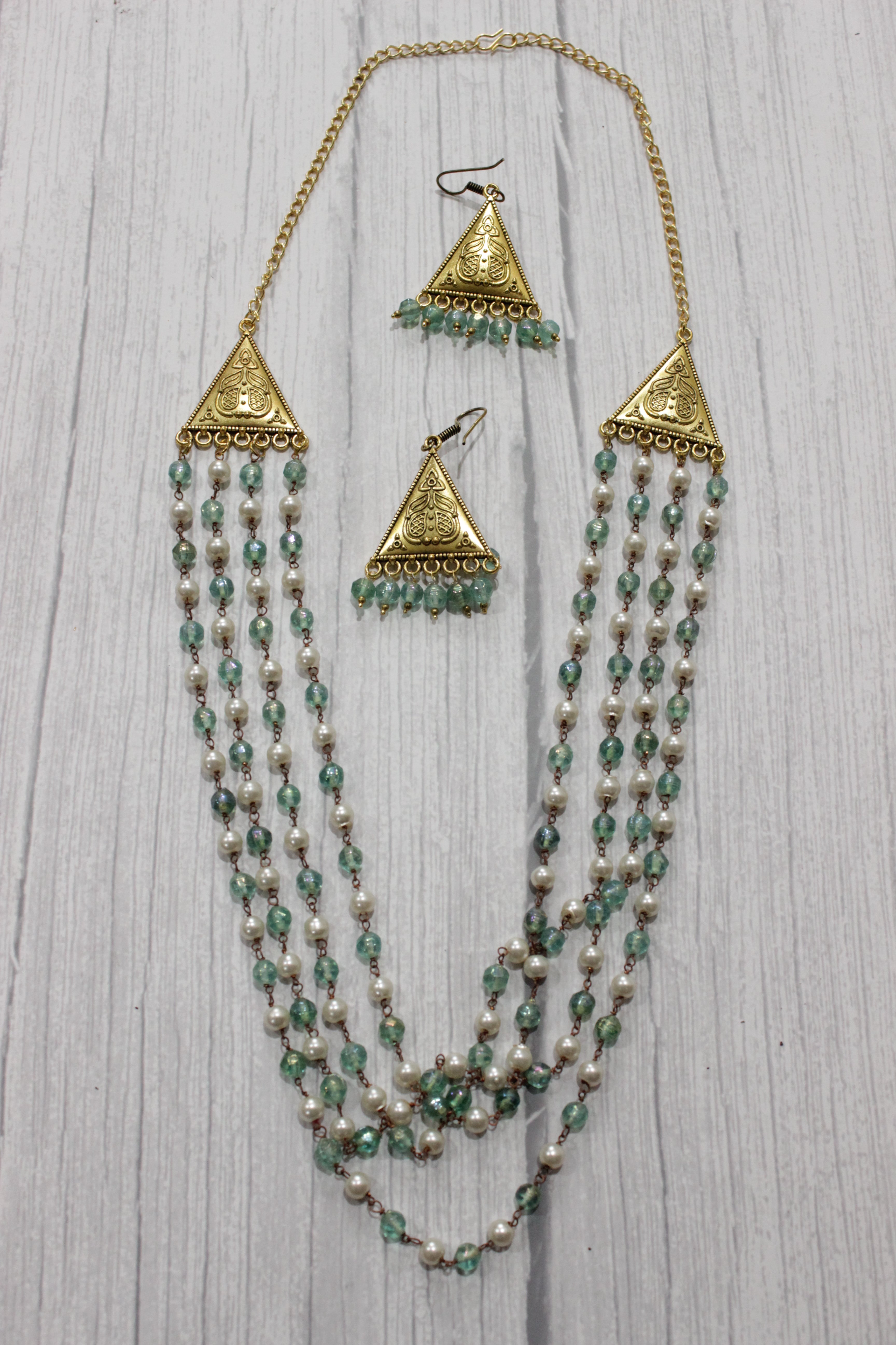 Multi-Layer Blue & White Beads Braided Gold Finish Necklace Set