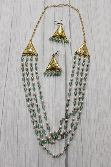 Multi-Layer Blue & White Beads Braided Gold Finish Necklace Set