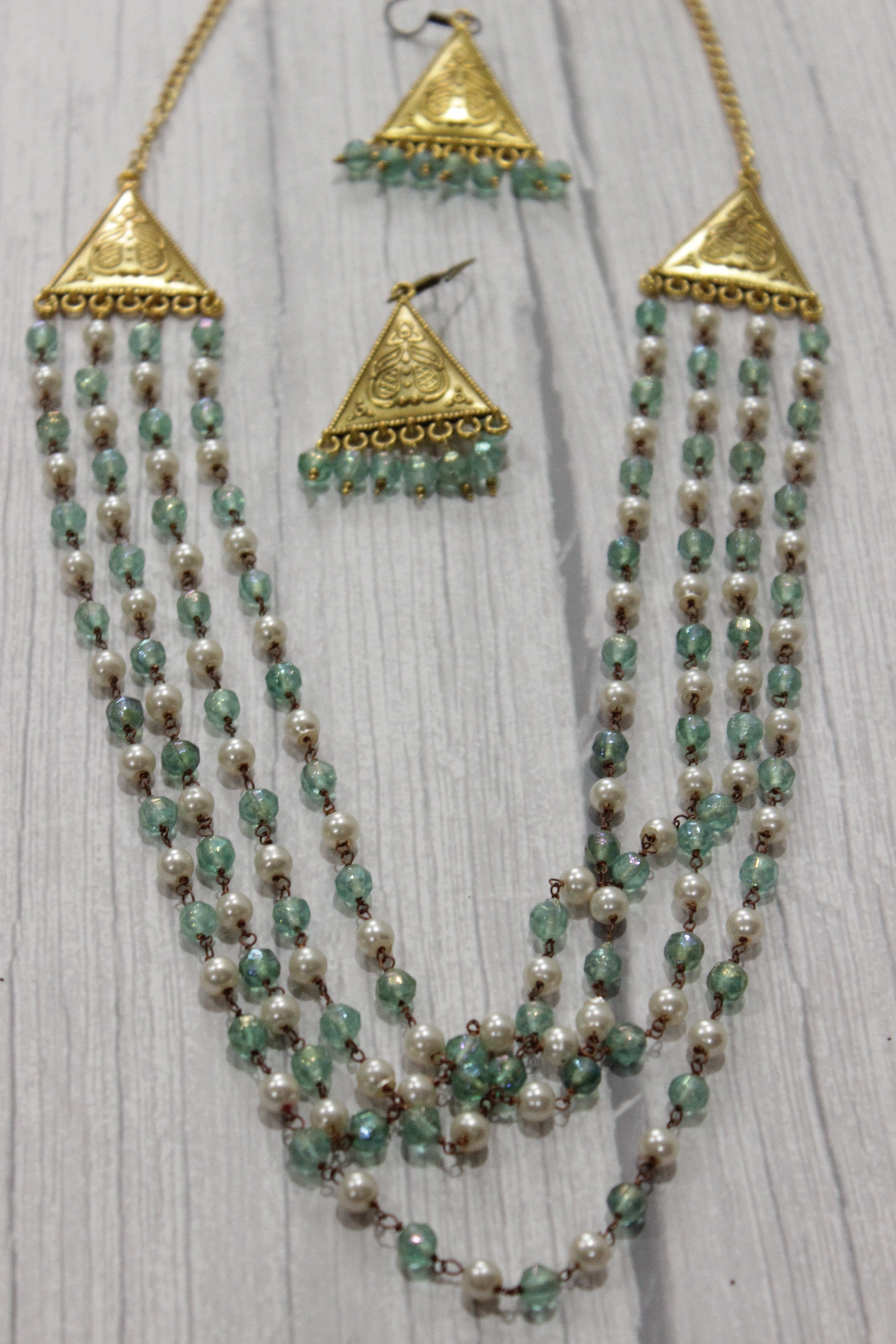 Multi-Layer Blue & White Beads Braided Gold Finish Necklace Set