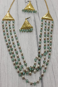 Multi-Layer Blue & White Beads Braided Gold Finish Necklace Set