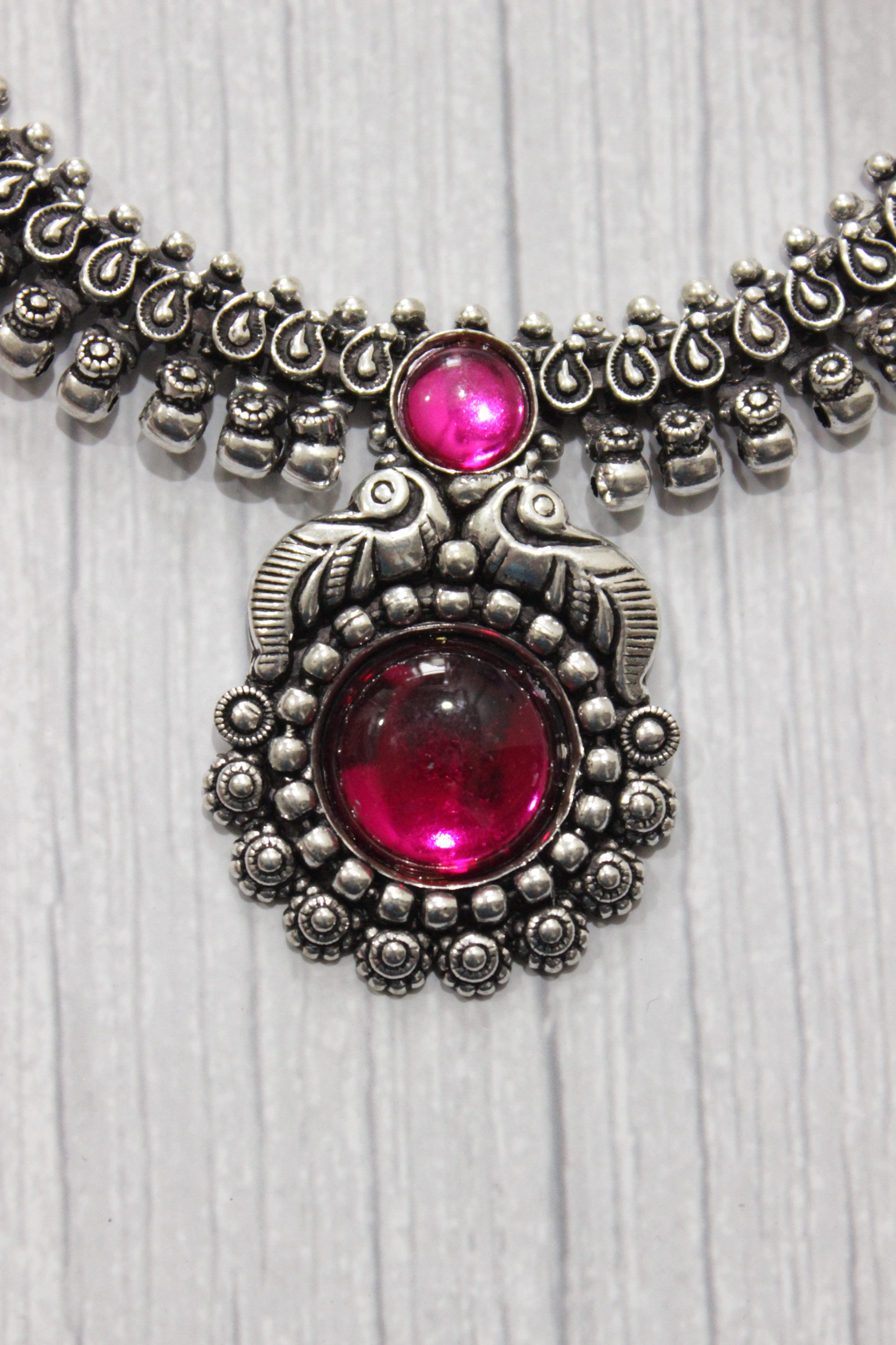 Oxidised Finish Fuchsia Glass Stones Embedded Metal Necklace Set