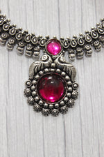 Load image into Gallery viewer, Oxidised Finish Fuchsia Glass Stones Embedded Metal Necklace Set
