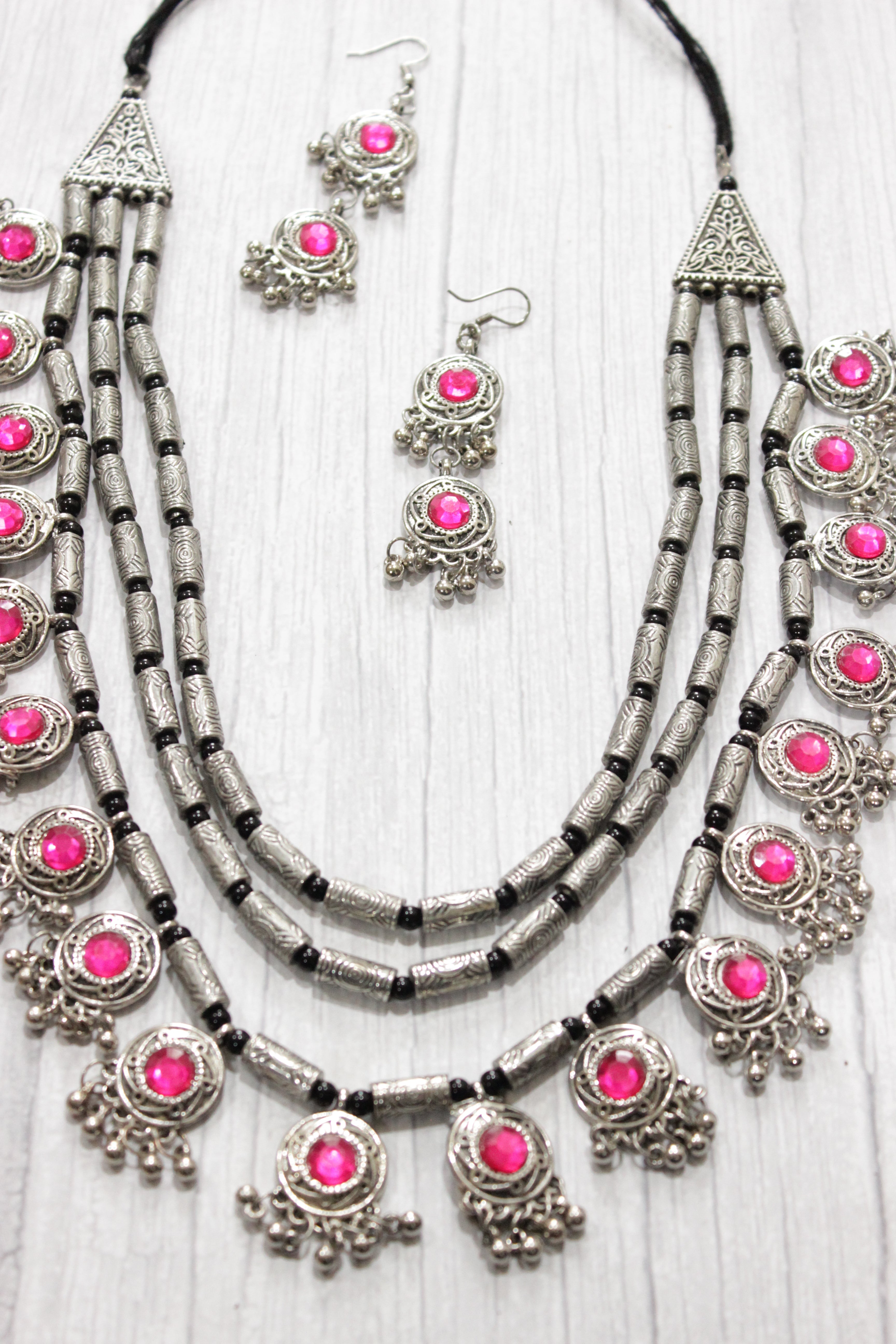 3 Layer Pink Stones Oxidised Silver Necklace Set with Thread Closure