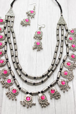 Load image into Gallery viewer, 3 Layer Pink Stones Oxidised Silver Necklace Set with Thread Closure
